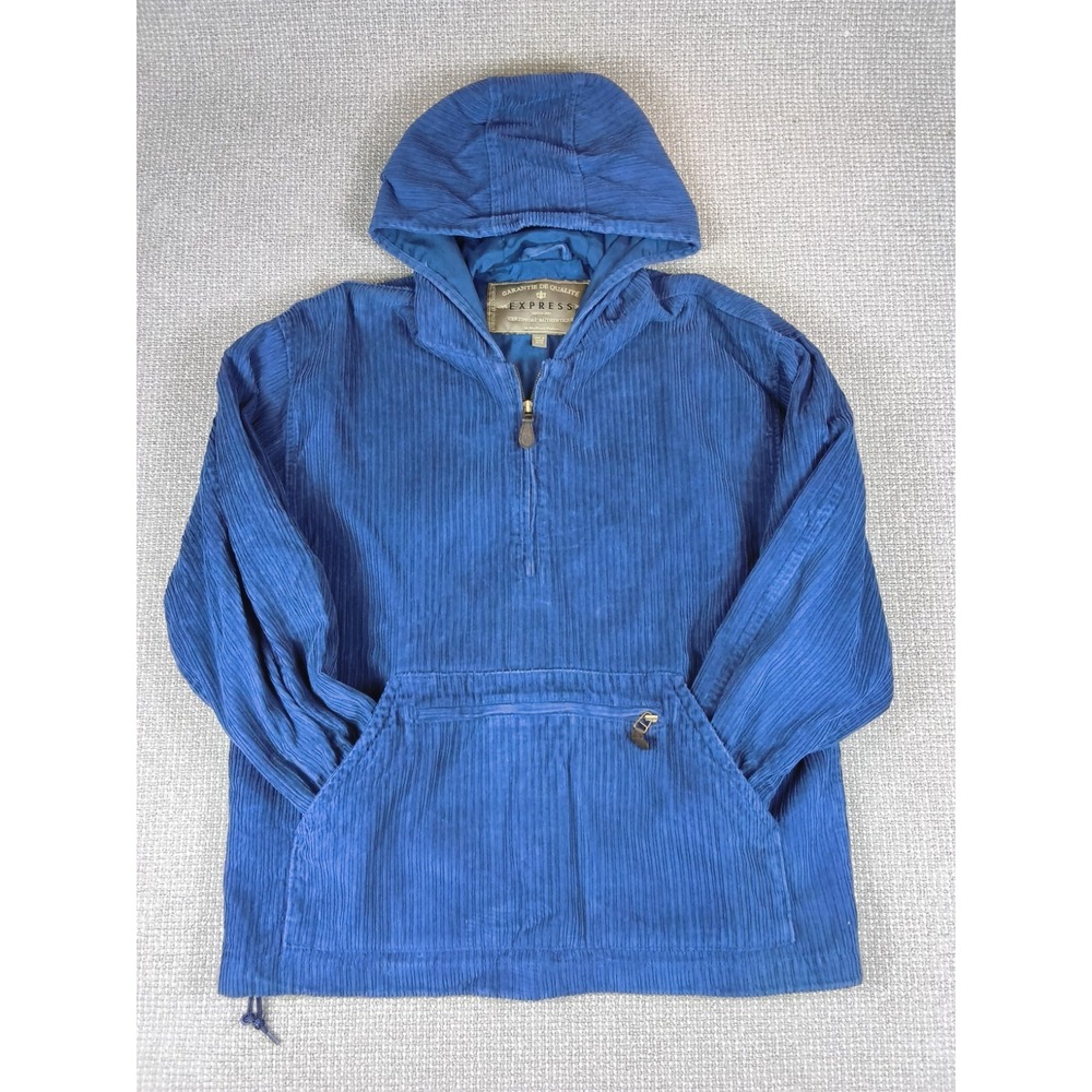 Vtg 90s Express Corduroy Anorak Pullover Jacket Blue Half Zip Hoodie Mens M